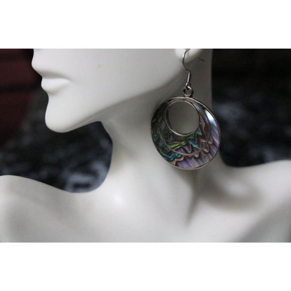 Vintage Taxco Abalone Shell Silver 925 Earrings Round Cut Out
